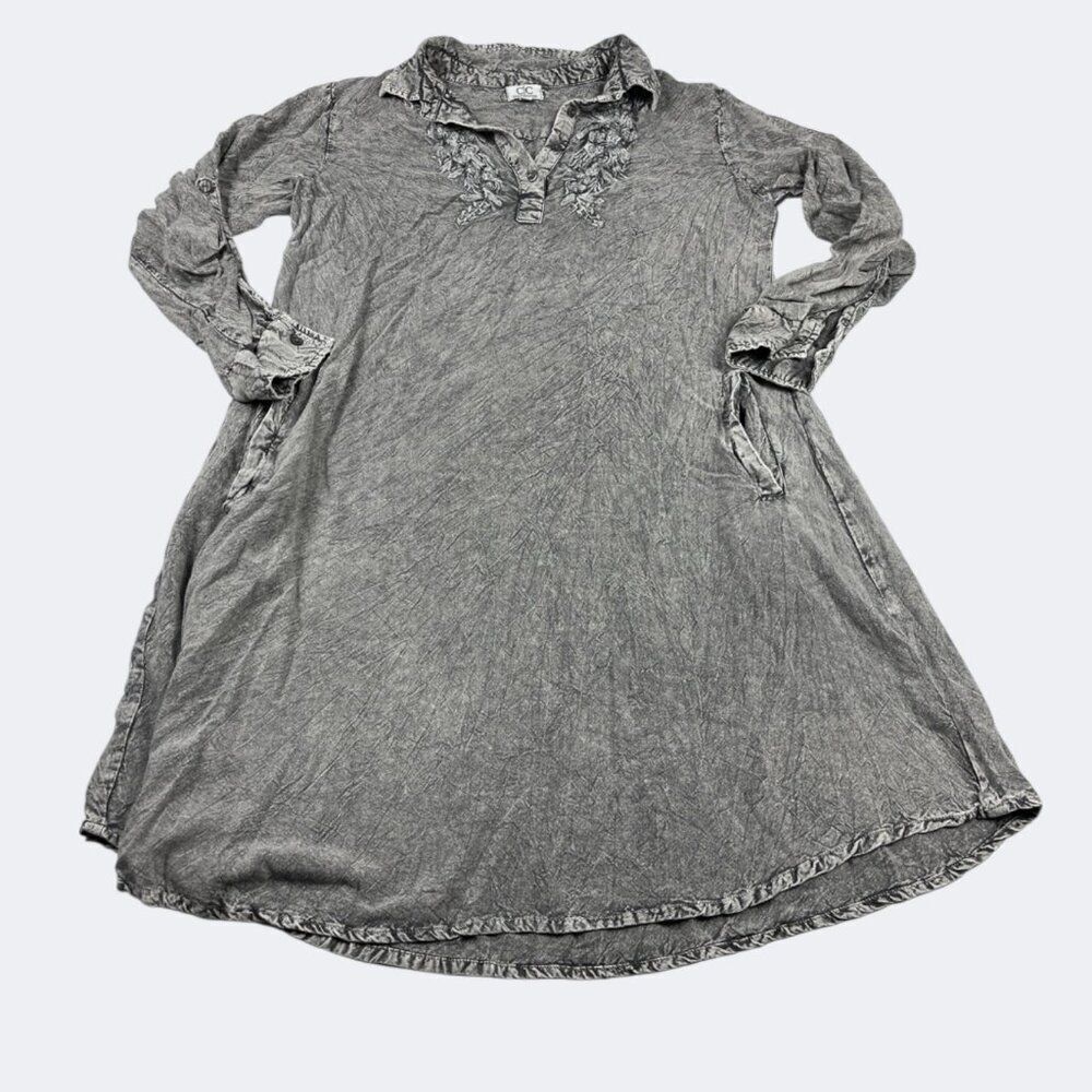 CC Chic Connection Gray Embroidered Crinkle Shirt Dress LP Petite Boho Casual